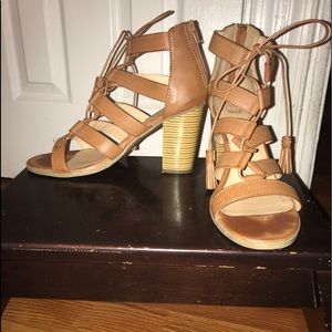 Camel colored, chunky heel sandals